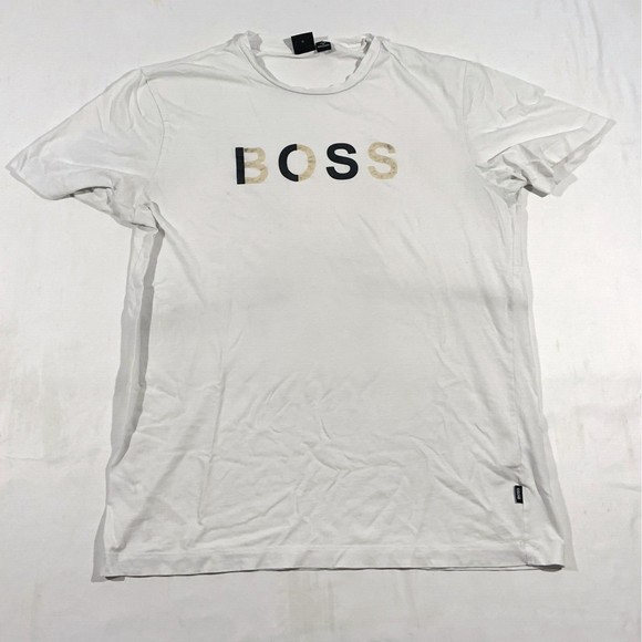 Boss Crew Neck White Monogram Logo Embossed Tee Cotton Short Sleeve T-shirt XL - Picture 1 of 10